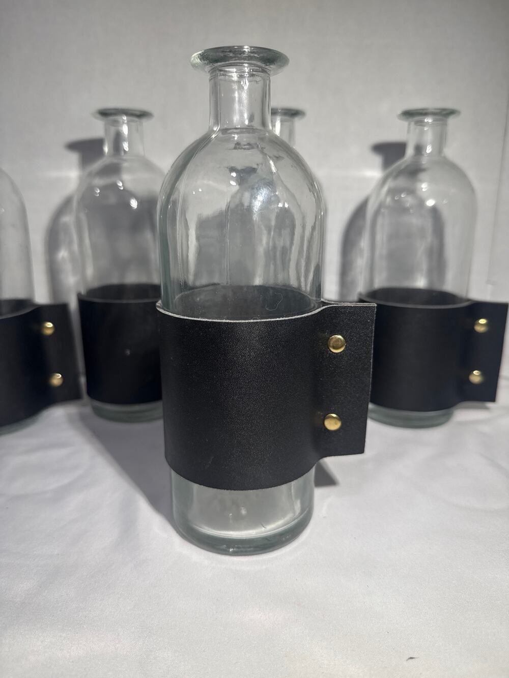 At Home Glass Bottle Vases Set of 5 Black Faux Leather Sleeves 8" Bud Vases